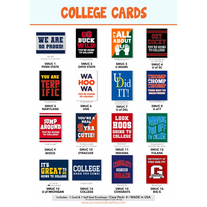 Graduation/College Commit Assortment of 16 styles (64 cards) for wholesale by Sunny Marshmallow