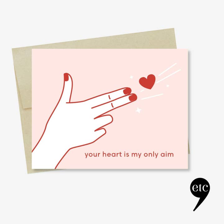 Valentine Card – Cute Cupid Finger Gun – Your Love Is My Aim for wholesale by dear, etc.