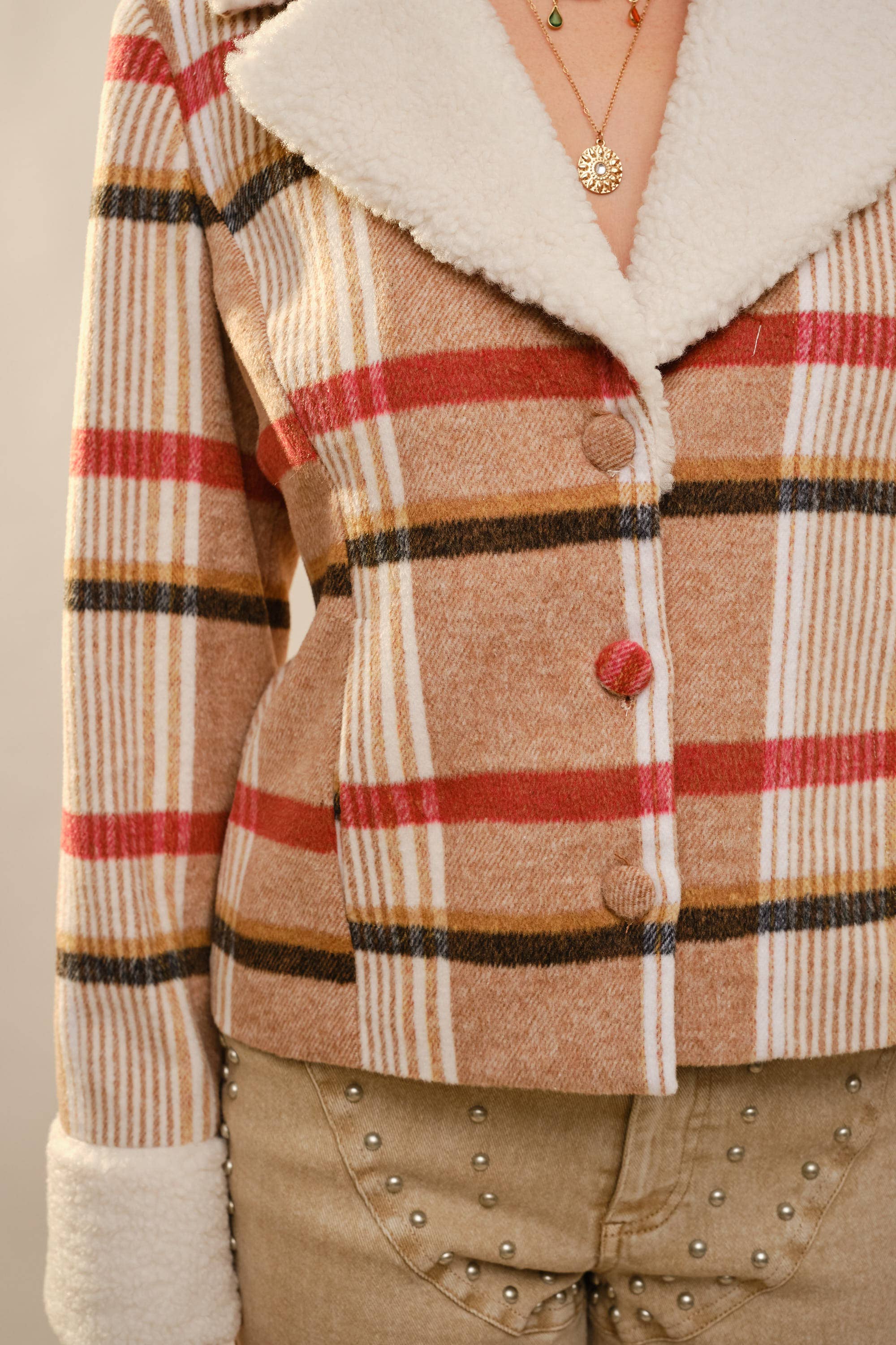 MOCHA MULTI 93711J Sherpa Collar Plaid Jacket for wholesale on Faire3
