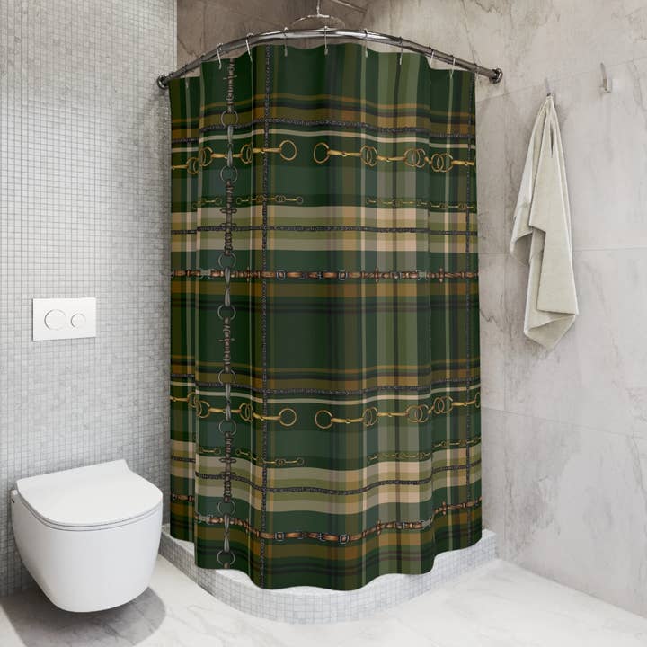 Hunter Green Fox and Hound Polyester Shower Curtain for wholesale by All Designs Equine