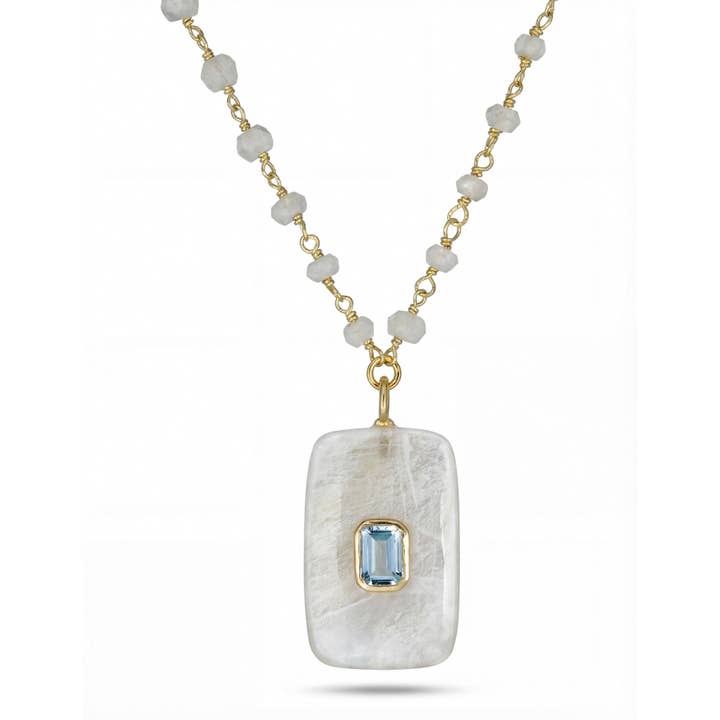 Moonstone and Blue Topaz Bezel Necklace for wholesale by Rachel Reinhardt