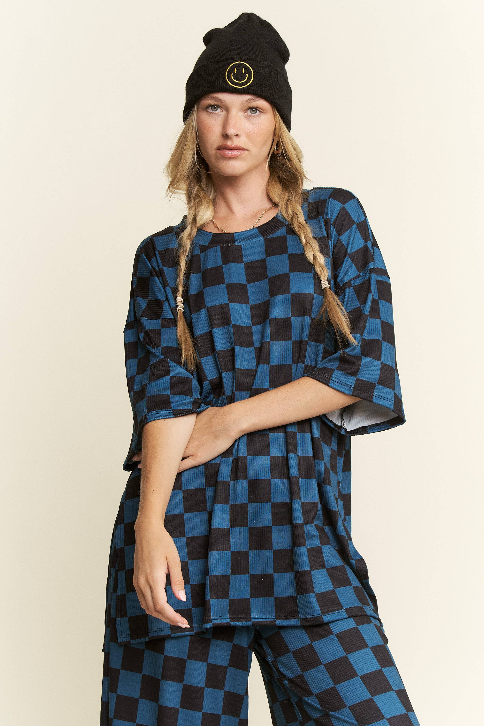 JADE BY JANE - Wholesale Lounge Set - Women's - RIBBED CHECKERED PRINT TOP/STRAIGHT LEG PANTS SET30