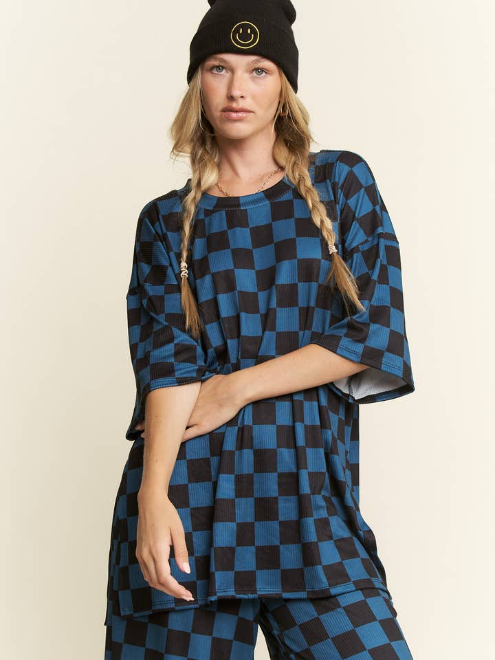 JADE BY JANE - Wholesale Lounge Set - Women's - RIBBED CHECKERED PRINT TOP/STRAIGHT LEG PANTS SET30