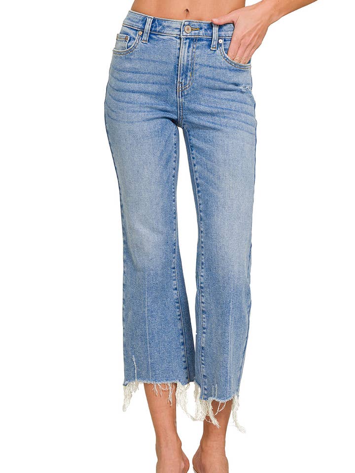 "._ Medium Washed Kick Crop Flare Denim Pants for wholesale on Faire1
