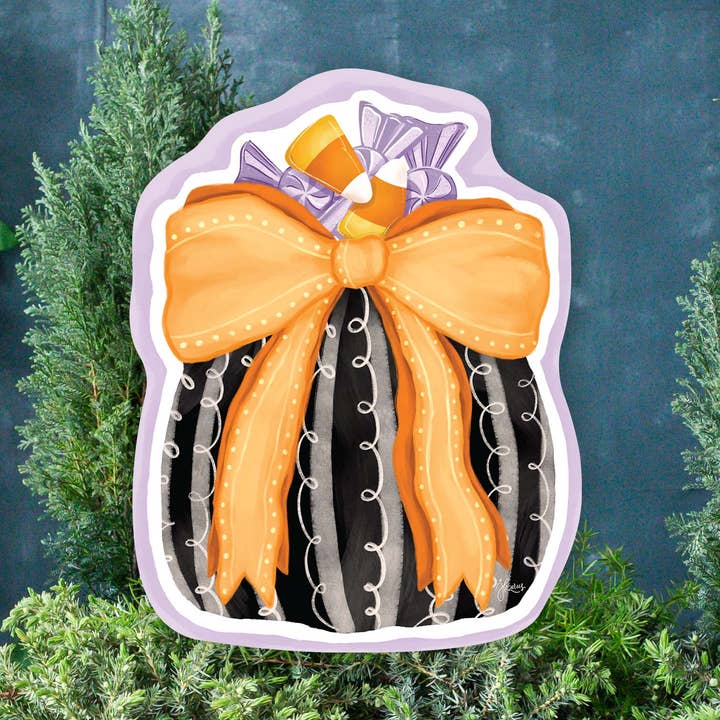 Black Halloween Pumpkin with Orange Bow Yard Art for wholesale by Songbird Grove Collection