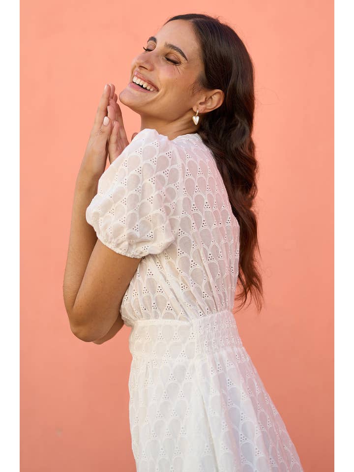 Yumi White Broderie Anglaise Midi Dress With Split Hemline for wholesale on Faire