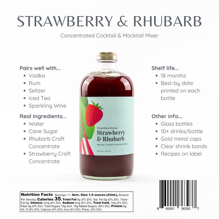 Wood Stove Kitchen - Wholesale Cocktail Mix/Syrup - Strawberry & Rhubarb Cocktail and Mocktail Mixer, 16 fl oz3