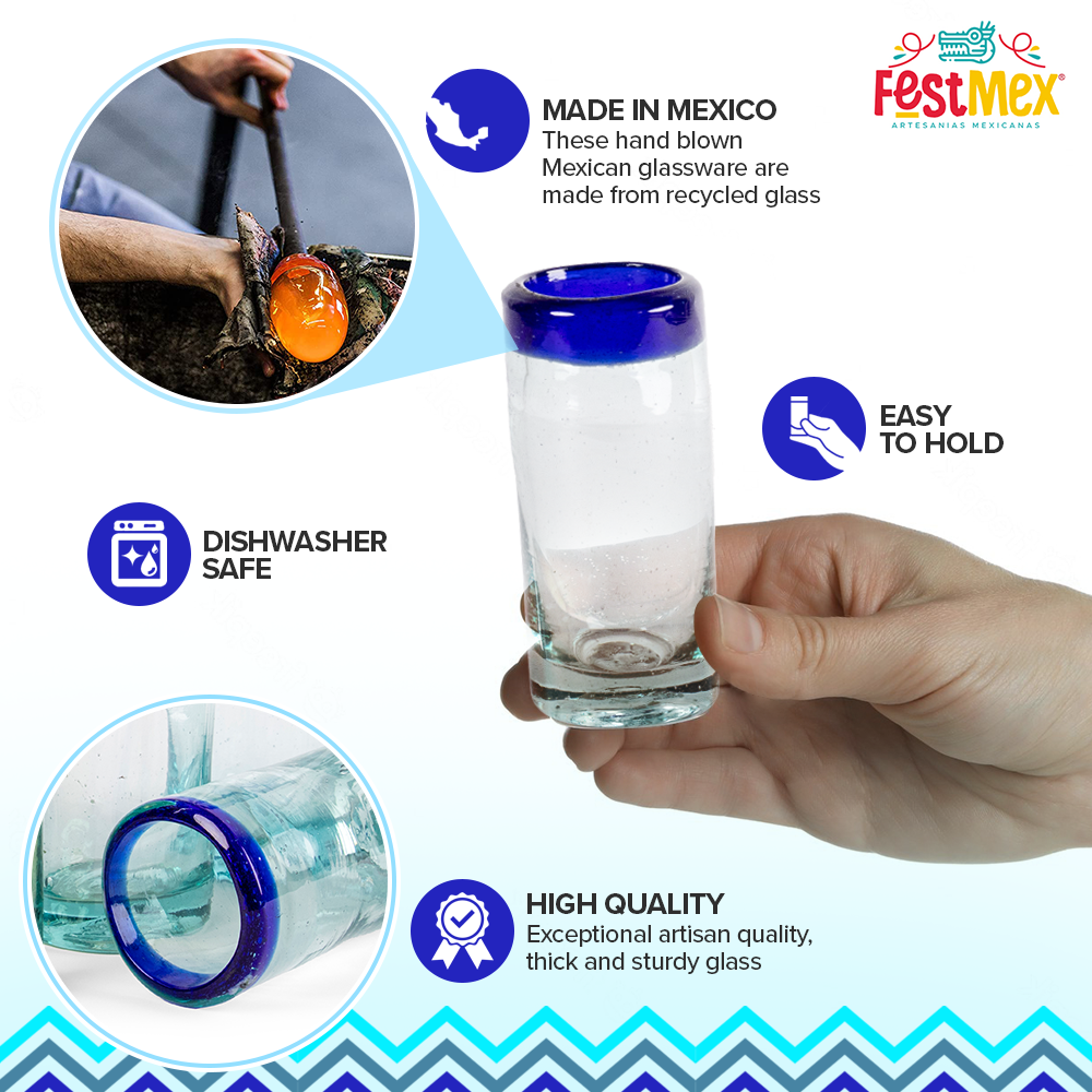 FESTMEX - Wholesale Shot Glass - Hand Blown Mexican Tequila Shot Glasses – Set of 6 Cobalt Blue Rim 2 oz2