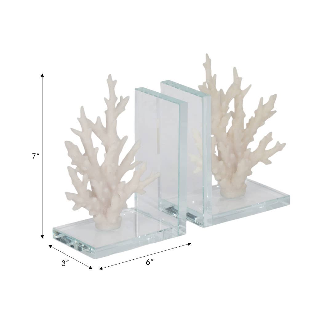 Sagebrook Home - Wholesale Bookend - Bookends Set of 2 - White Resin Coral on Glass, 7 in.3