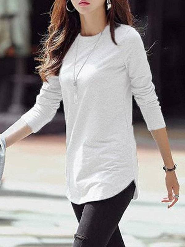 Sheer Trend - Wholesale Tunic - Women's - Long Sleeves Solid Color Round-Neck T-Shirts Tops9