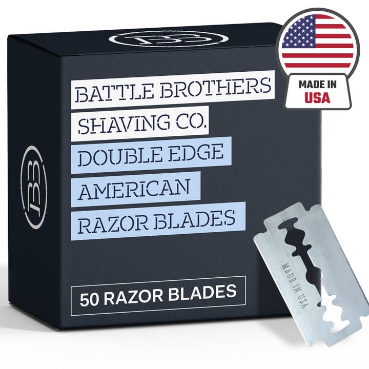 Made in U.S.A. Double Edge Razor Blades - Pack of 50 for wholesale by Battle Brothers Shaving Co.