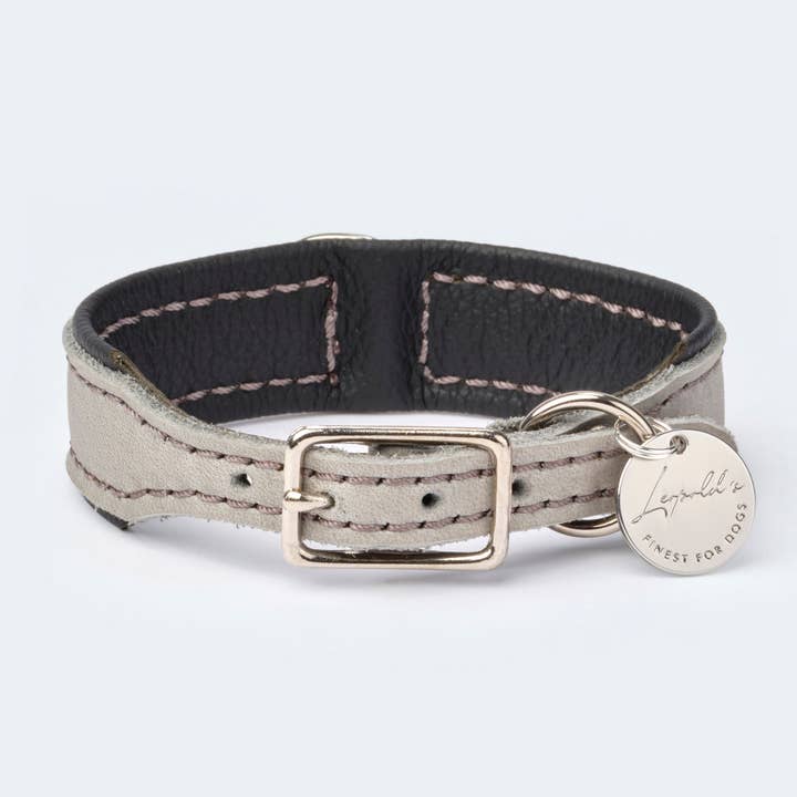 Leopold's Finest for dogs – wholesale Halsband - Hund – Slätt läderhalsband ljusgrå/svart/silver1