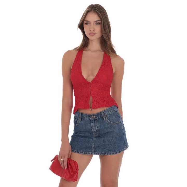 Lace V-Neck Halter Top in Red for wholesale by Lucy In The Sky