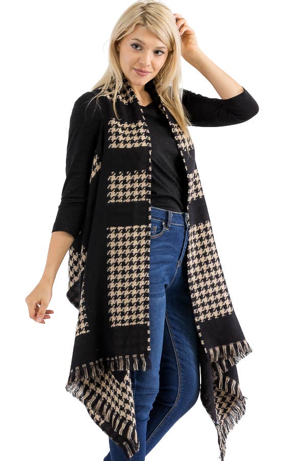 Chaleco largo con ribete deshilachado a cuadros en forma de pata