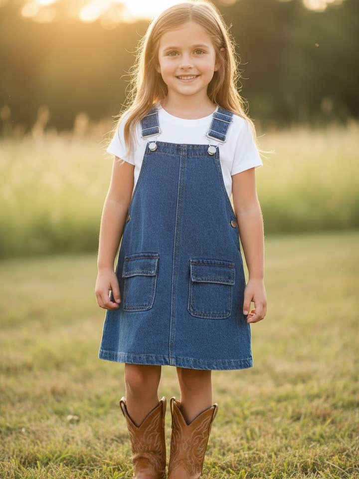 Dark blue denim overalls with front pockets. DRG55532 SOL for wholesale by Kids Charm Online