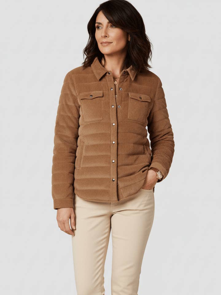 The Harrow Corduroy | Down Shirt | Camel for wholesale by Cotes of London