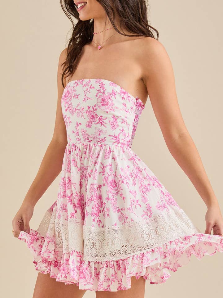 Rosa Clothing - Wholesale Dress - Women's - Floral printed Crochet Lace patchwork mini strapless dress