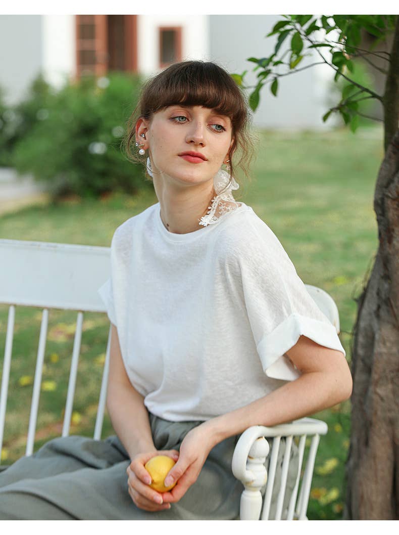 WHITE French slouchy cotton and linen blend T-shirt for wholesale on Faire1