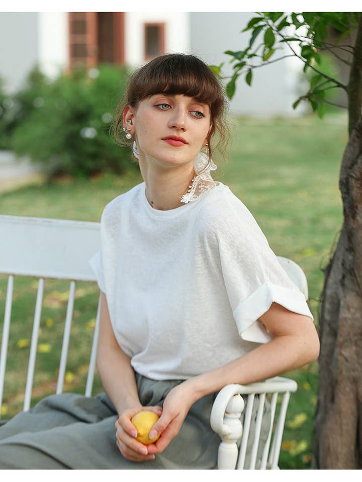 WHITE French slouchy cotton and linen blend T-shirt for wholesale on Faire1