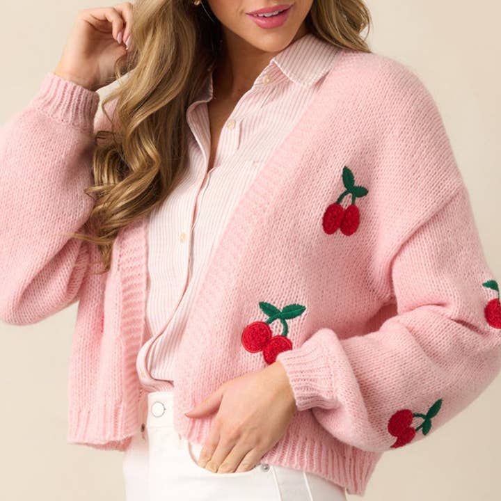 Cherry Embroidery Pink Sweater Cardigan for women for wholesale by Little Trendy