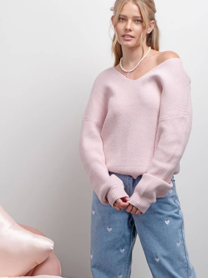 Blu Pepper - Wholesale Knit Sweater - Women's - V NECK DROP SHOULDER BACK BOW TIE DETAIL SWEATER