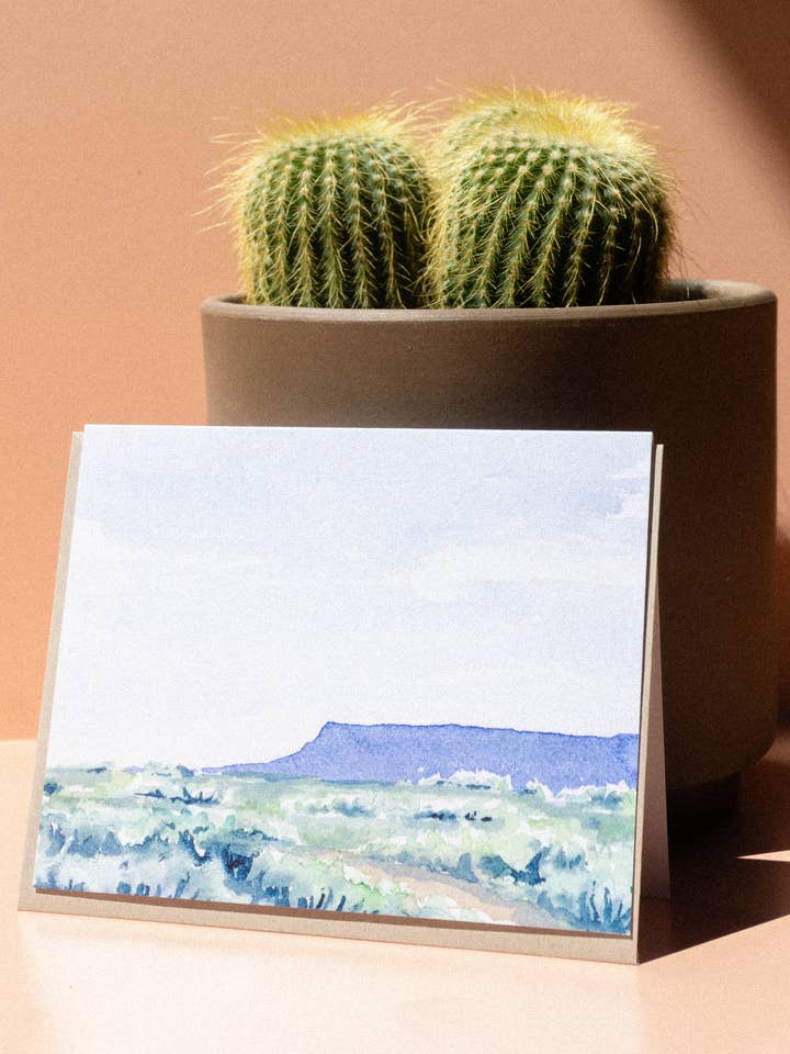 Southwest mesa landscape blank card, minimal watercolor art for wholesale by Mel K. Olrich Art