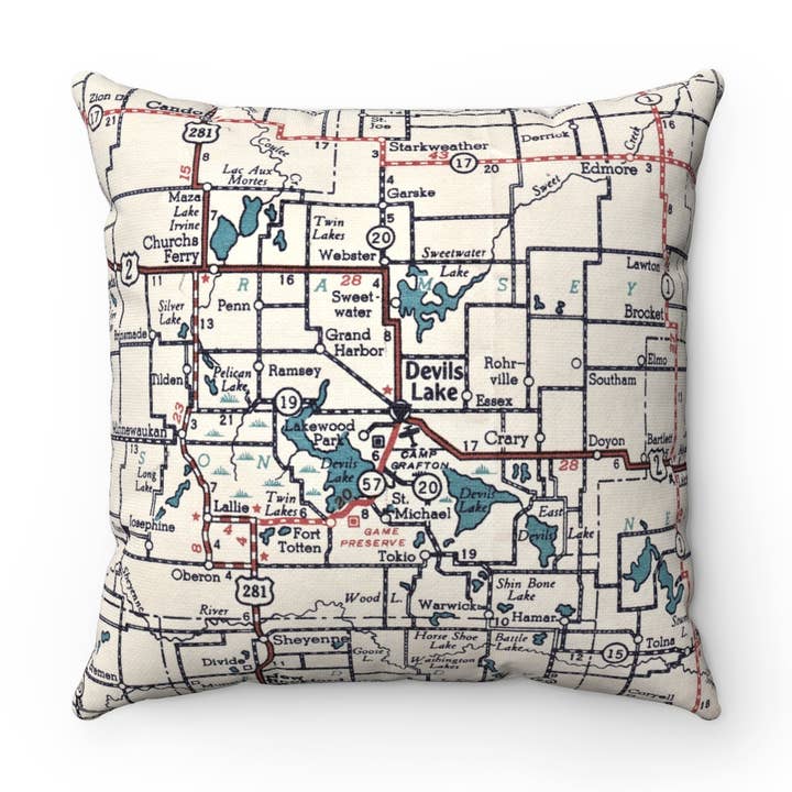 Devils Lake North Dakota Map Pillow for wholesale by Daisy Mae Designs