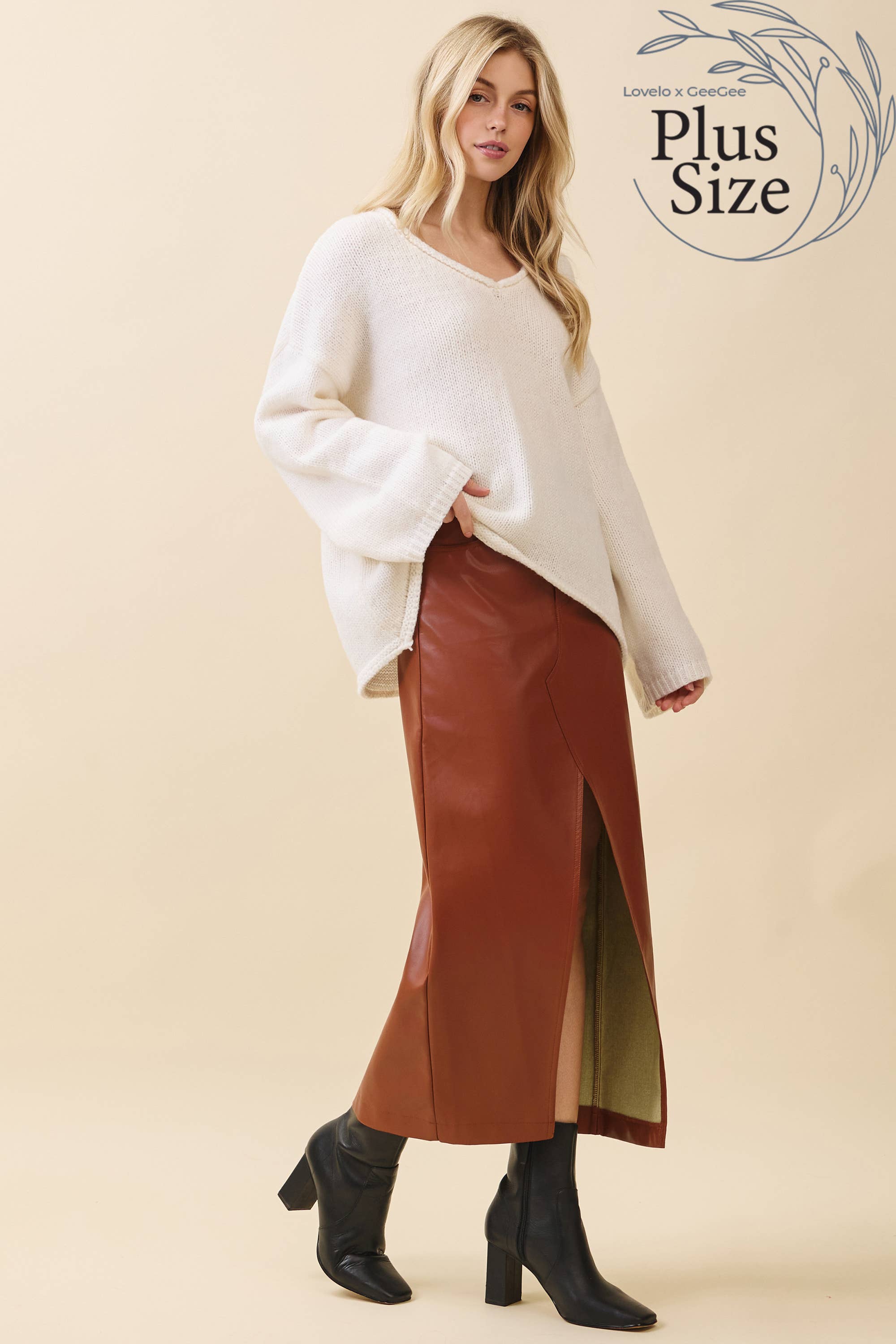 GeeGee x Lovelo - Wholesale Skirt - Women's - Plus Faux Leather Midi Skirt MS50582PL1