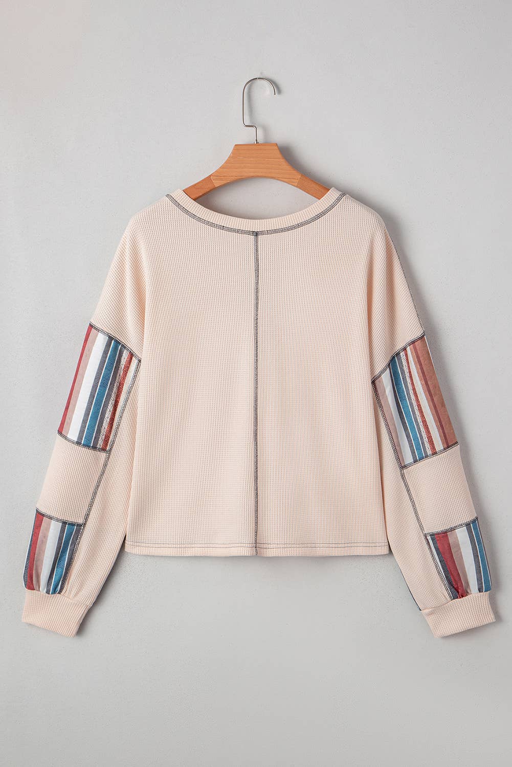 Beige Spring Striped Waffle Patchwork Exposed Seam Raw Edge Top for wholesale on Faire3