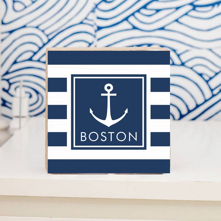 Rustic Marlin - Wholesale Sign - Personalized Navy Anchor Stripes Decorative Wooden Block