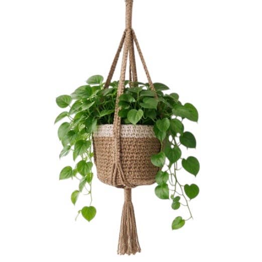 Porta piante macramè sostenibile in juta con filo argento, L 77 cm - fatto a mano per la vendita all'ingrosso da parte di Luna-Leena - handmade in Nepal