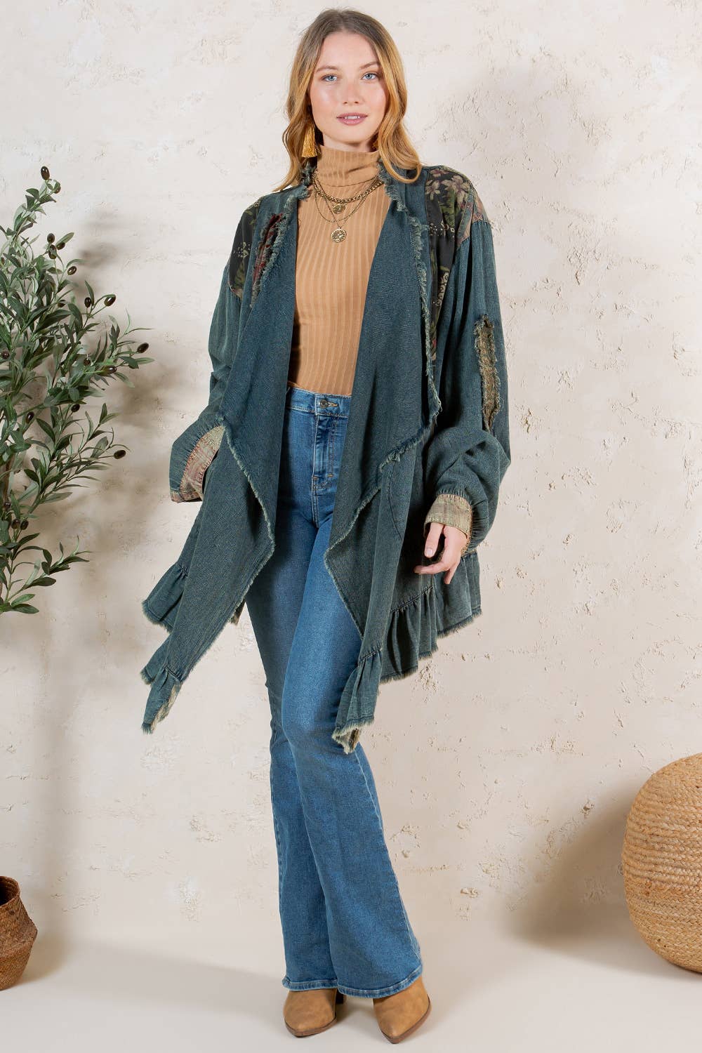 Young Threads - Wholesale Button Down Shirt - Women's - Western Boho Chic: Patched Denim Shrug ALSO IN PLUS 11