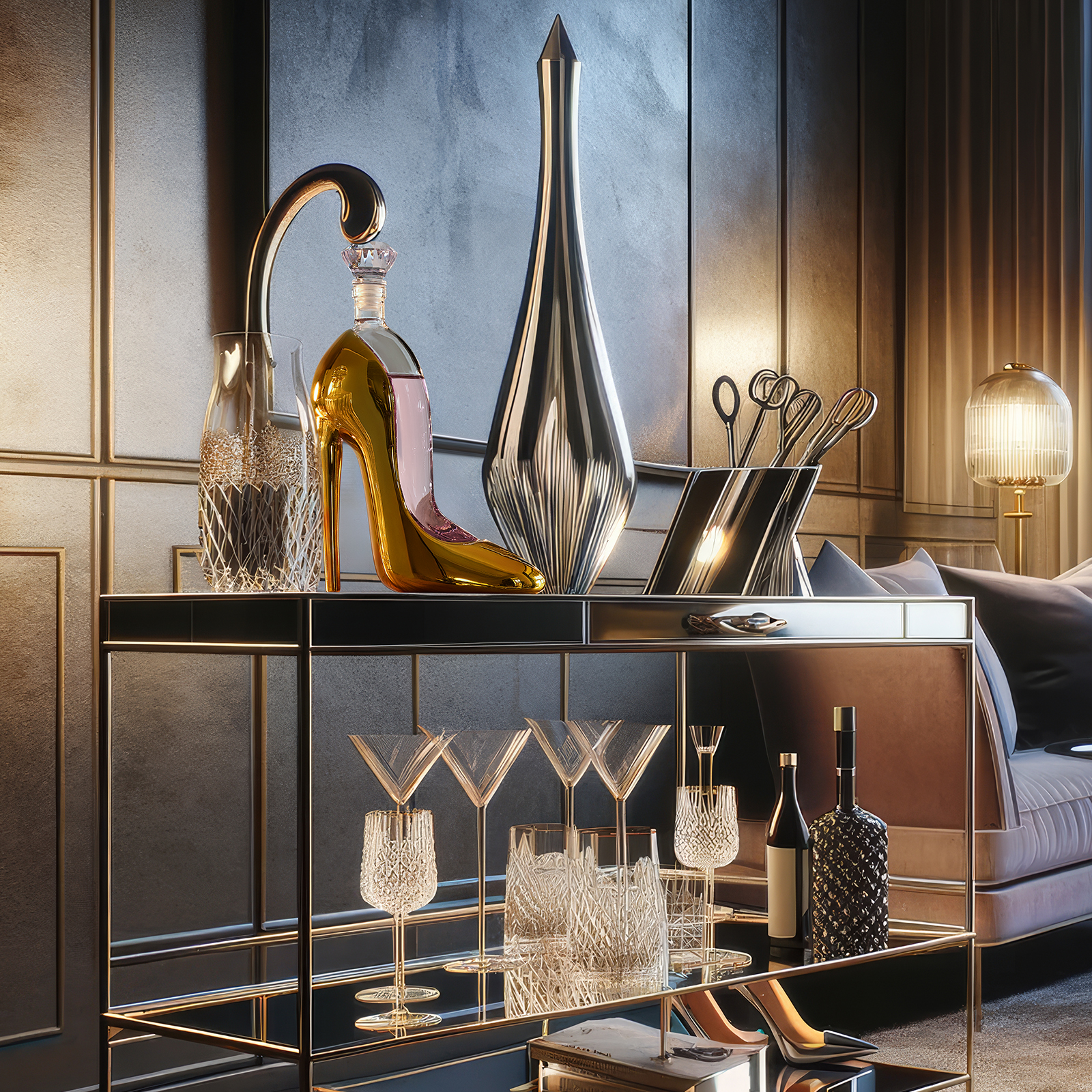 The Wine Savant /  Khen Glassware - Wholesale Decanter - Gold Heel Stiletto High Heels Shape Decanter | 750 mL1