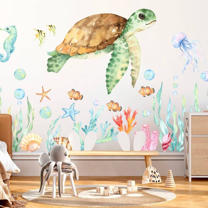 Akvarell grön sköldpadda i undervattensvärlden väggdekal - avtagbar skal och pinne - BR039 för wholesale av WallKoala