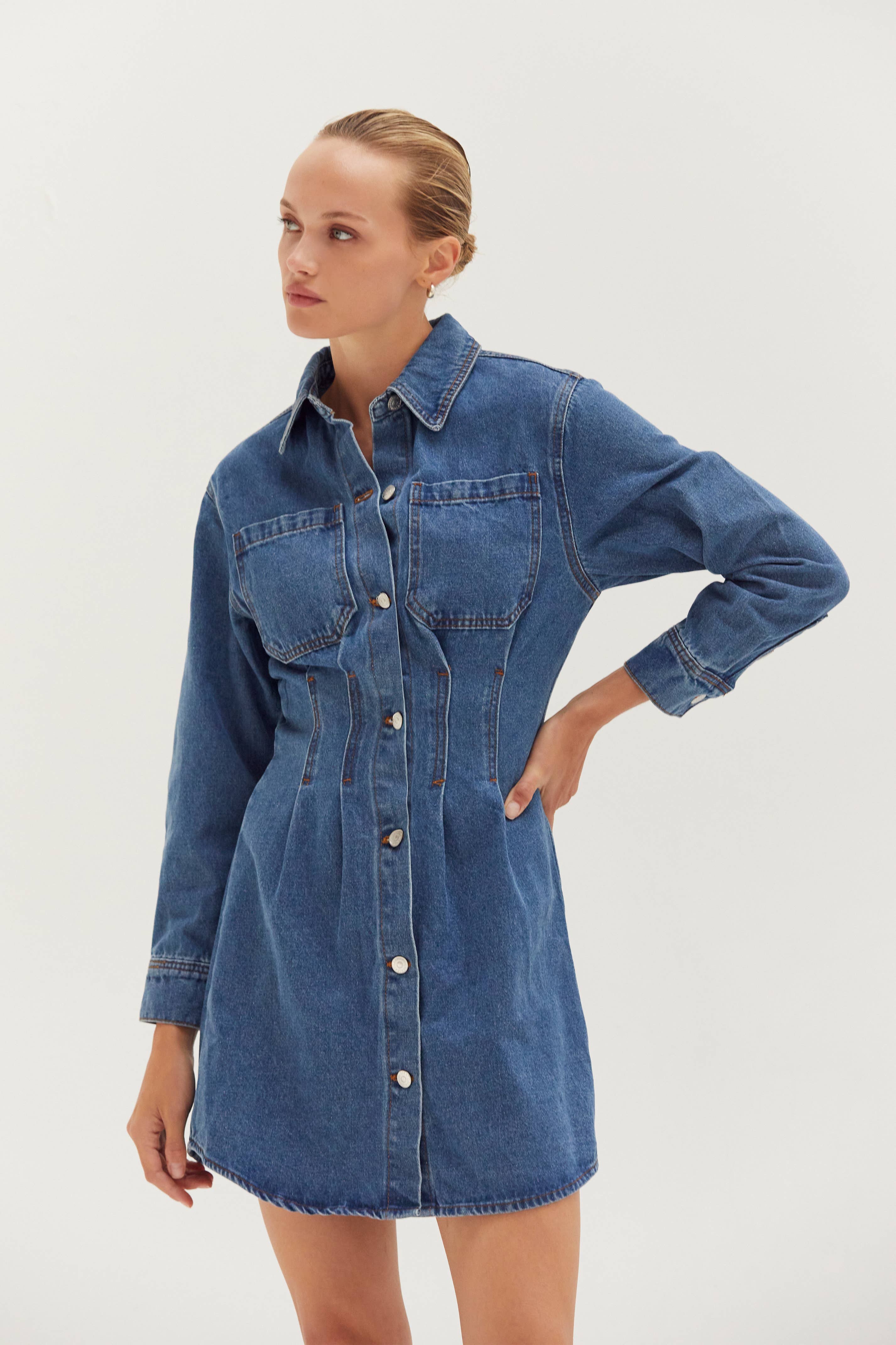 BLEU DENIM CD8796 - Robe Mini en Jean Zae avec Détail de Taille Corset en vente sur Faire2