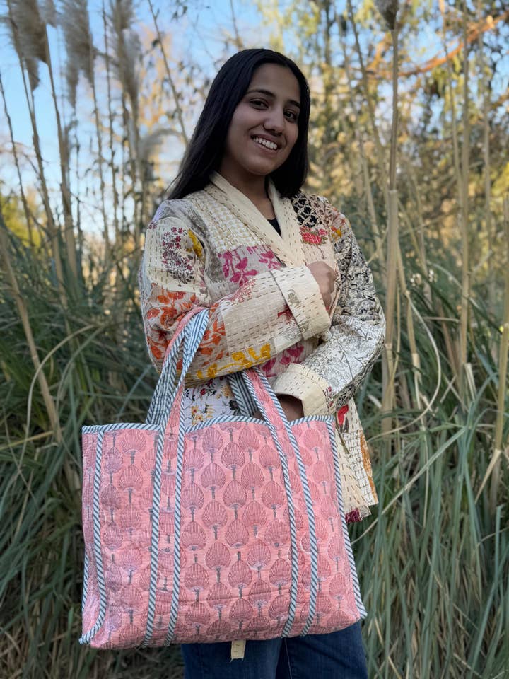 Quilted Cotton Handprint Reversible Large Peach Floral Tote for wholesale by Essential Designs London