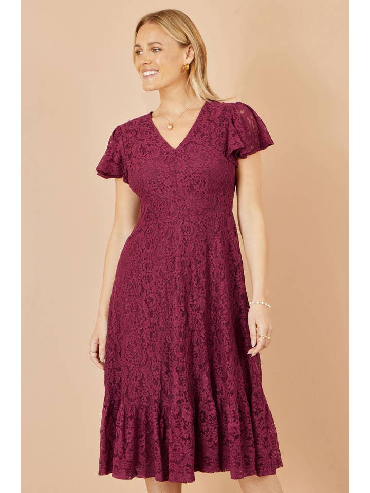 Yumi Burgundy Lace Midi Skater Dress for wholesale on Faire4