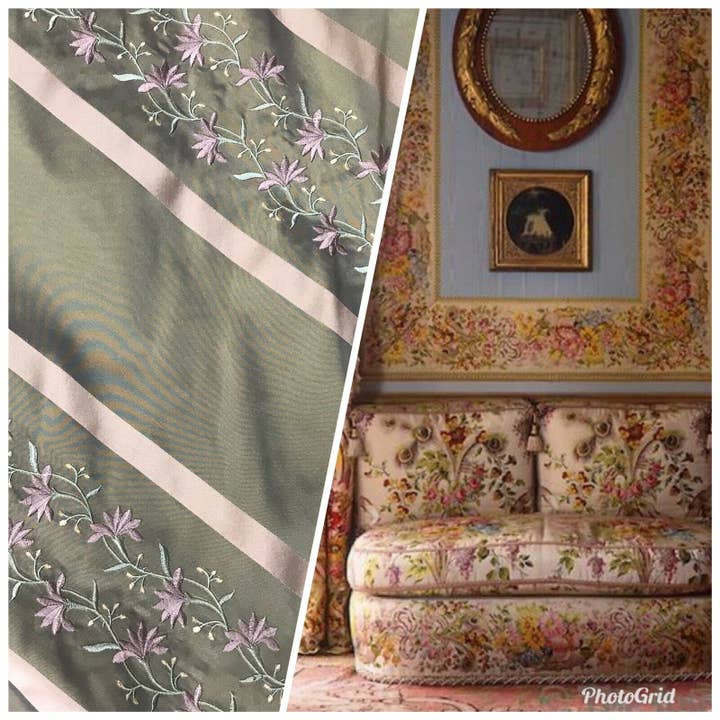 Fancy Styles Fabric - Vente Tissu - NOUVEAU ! VENTE ! Tissu brodé de taffetas 100% soie Duchesse Adele - Vert avec fleurs lavande3