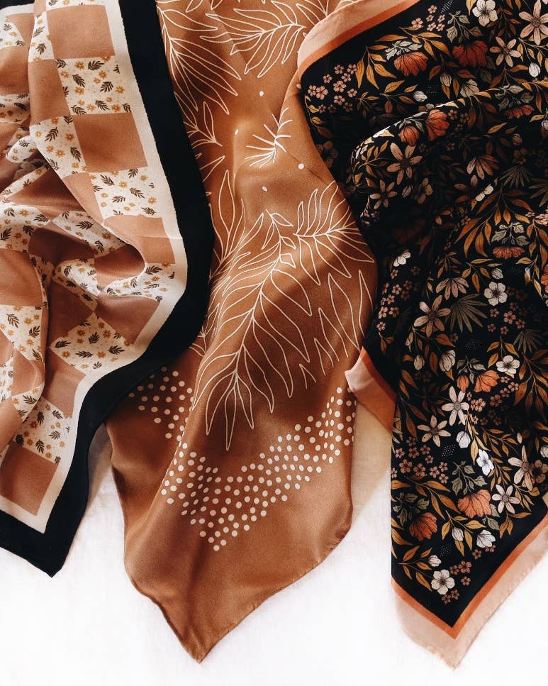 Flora West Design - Wholesale Bandana - Women's - 100% Silk Bandana Scarf - Tropical Palms Amber Western Style6