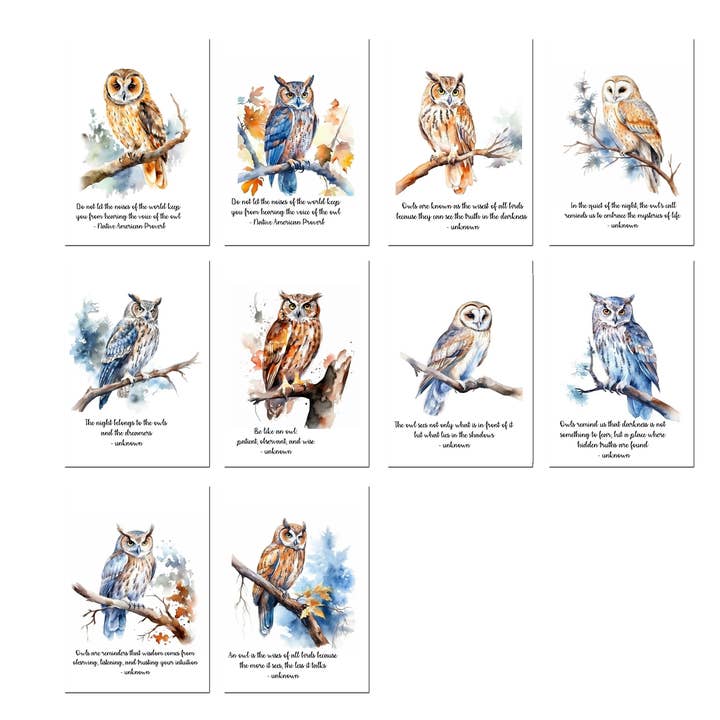 10 Owl Handmade Notecards 4x6 with Envelopes Blank Inside for wholesale by Blue Morning Expressions