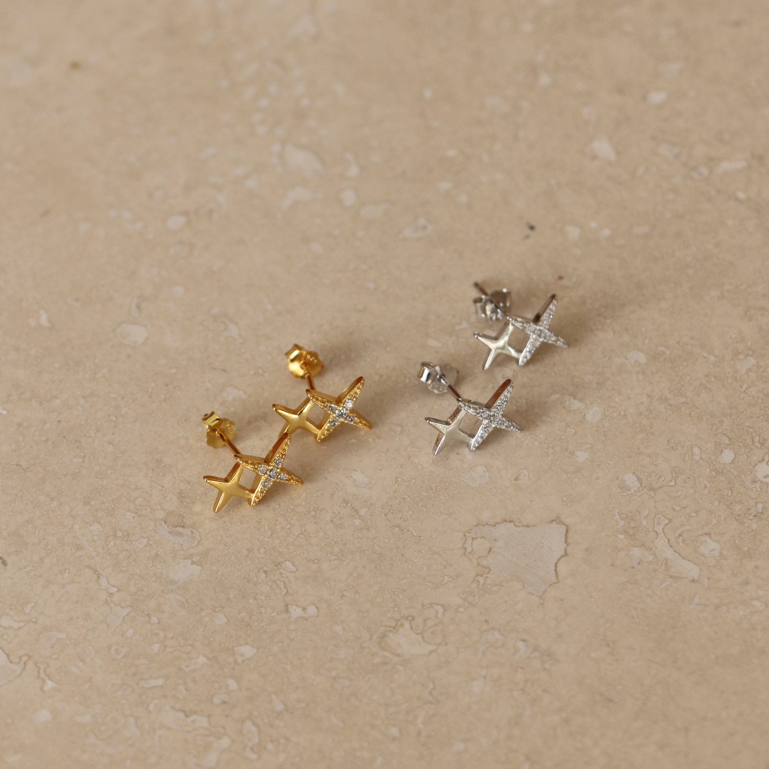 Little Nell Jewellery - Wholesale Stud/Post Earrings - Gold or Silver Double Star Studs4