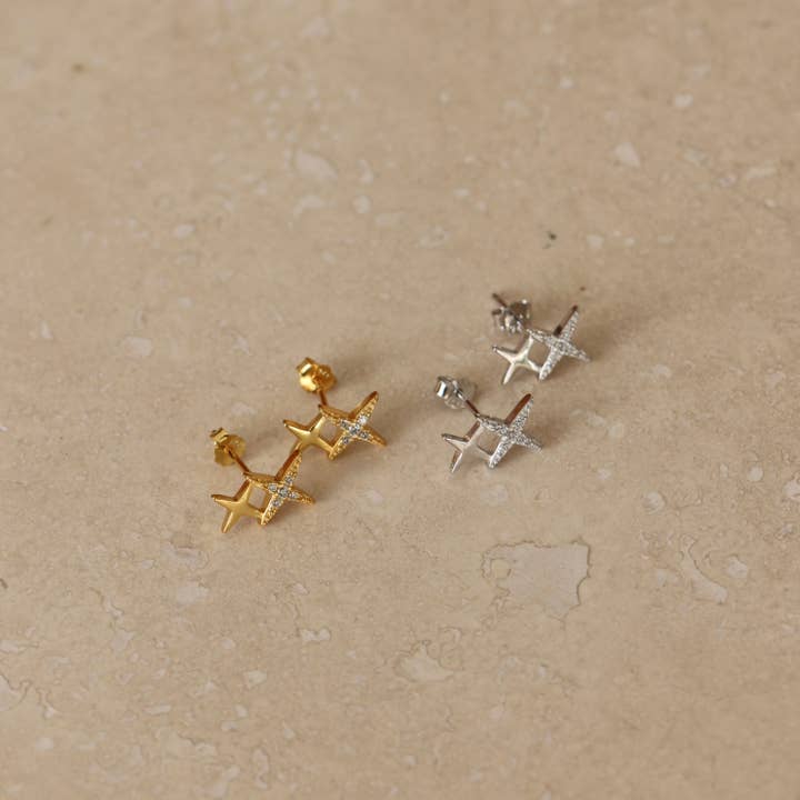 Little Nell Jewellery - Wholesale Stud/Post Earrings - Gold or Silver Double Star Studs4
