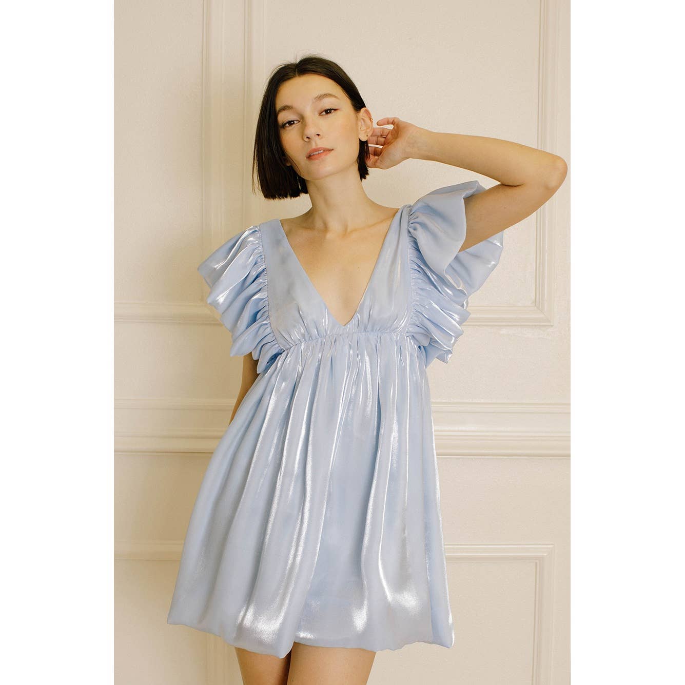 SKY BLUE HD2053BKP- MONOCHROMATIC PASTEL AND SHINY SHEEN MINI DRESS for wholesale on Faire1