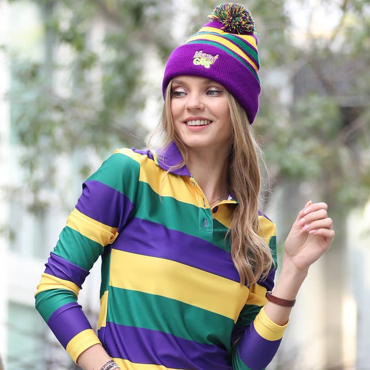 ONE COLOR .SI-23925 Mardi Gras PomPom Embroidered Beanie for wholesale on Faire