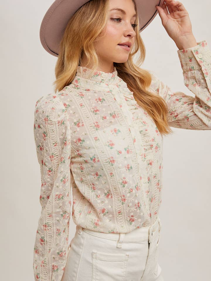 Bluivy - Wholesale Button Down Shirt - Women's - FLORAL PRINT BUTTON DOWN RUFFLED MOCK NECK BLOUSE