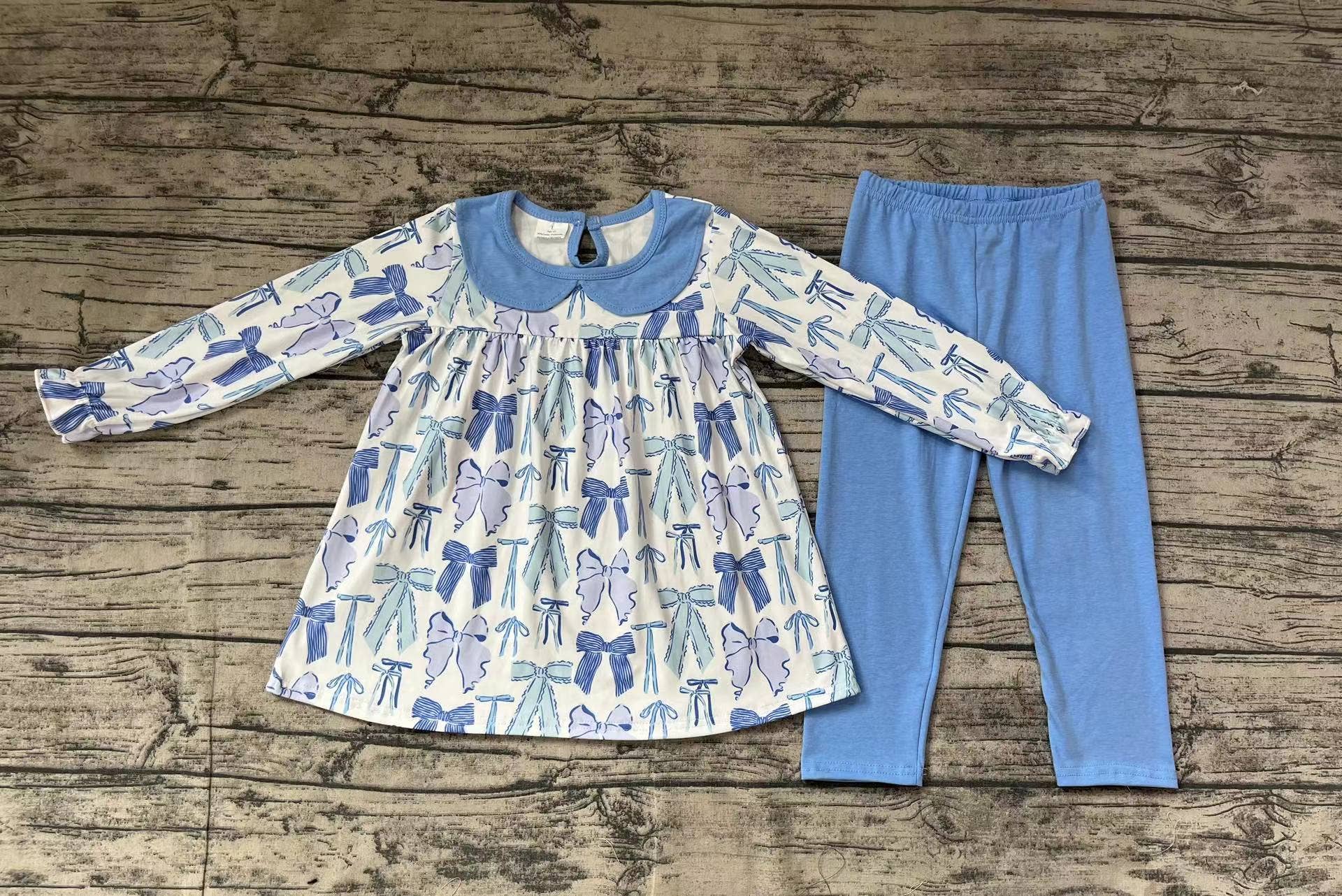 Aier Wholesale - Wholesale Top & Leggings Set - Kids - Baby Girls Blue Bows Tunic Tops Legging Pants Clothes Sets1