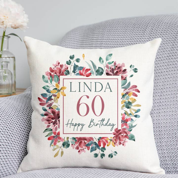 Floral 60th Birthday Cushion for wholesale by DoodlecardsBoutique