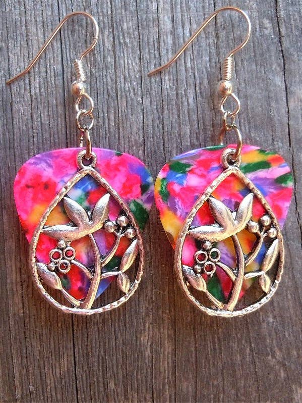 Flowers in a Teardrop Charm Guitar Pick Earrings for wholesale by Simply Raevyn