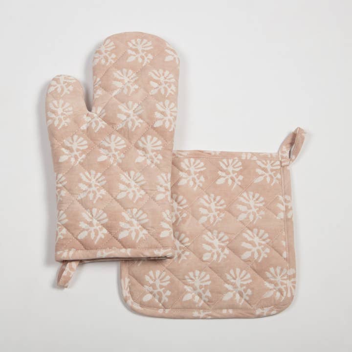 Handblock Printed Oven Mitt and Pot Holder Set for wholesale by Artisaga