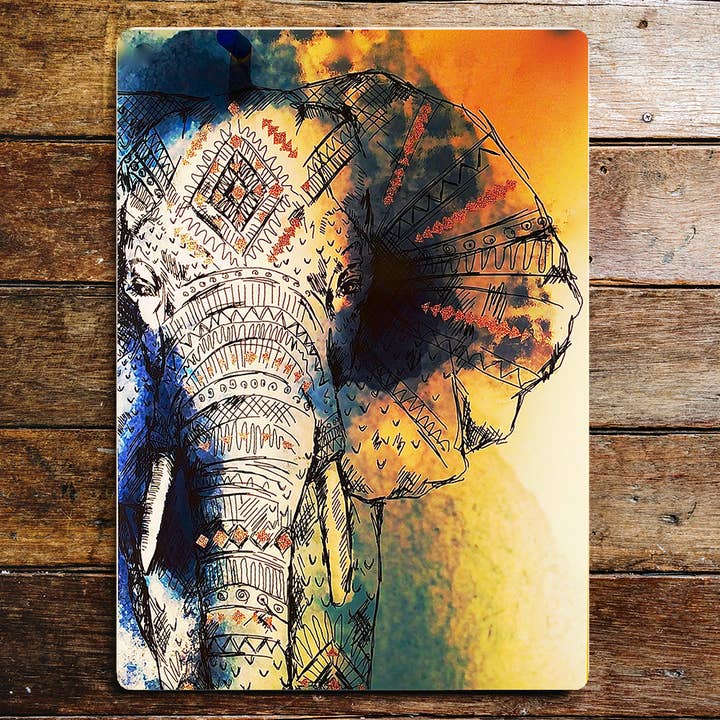 Colourful Patterned Elephant Portrait Metal Sign plaque for wholesale by The British Metal Signs Company